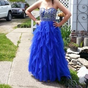 Royal blue, strapless prom dress